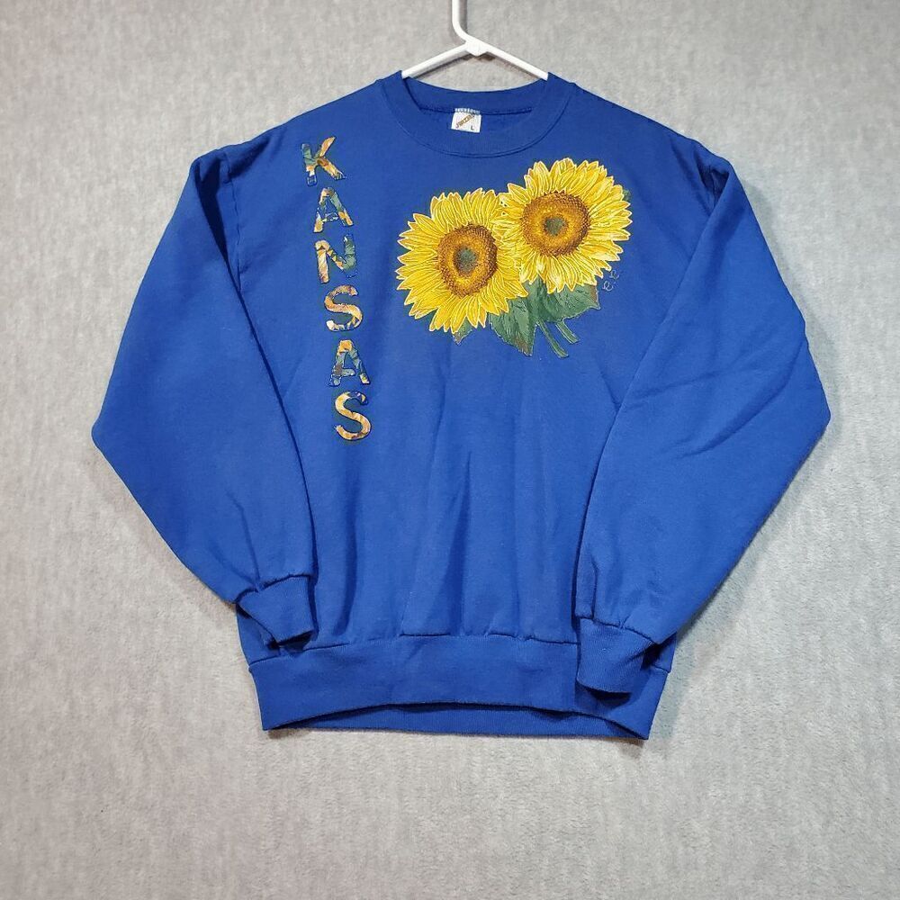 Kansas Sunflower Sweatshirt Womens Large Blue Fleece Lined Crew Neck JERZEES Vtg